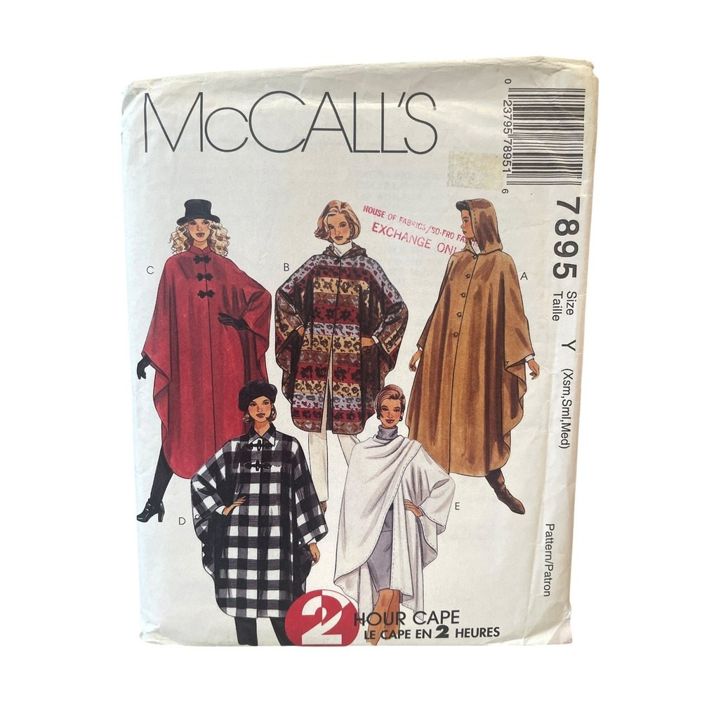 McCall's 7895 Misses' Capes Size Y (Xsm-Med) 2 Hour Vintage 80s Pattern UNCUT